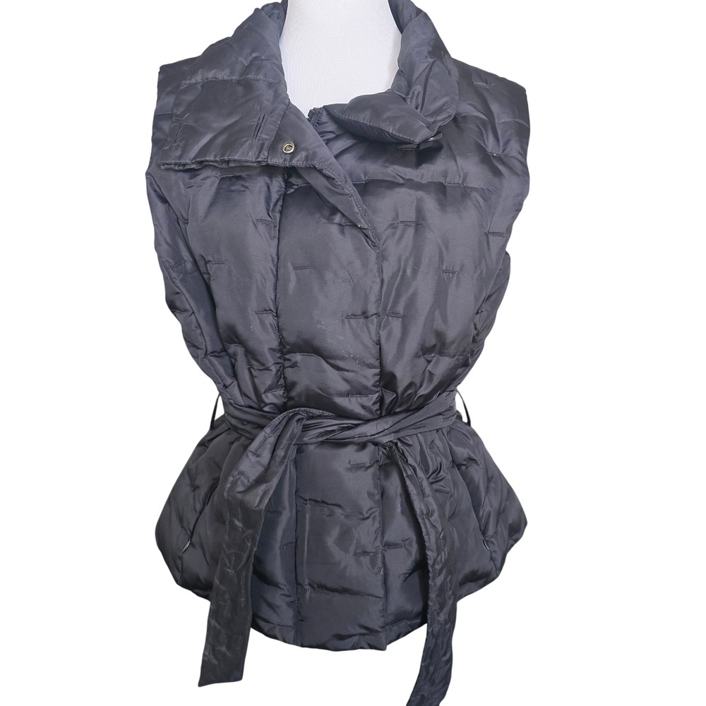 Talbots Womens Black Goose Down Puffer Vest Tie Waist Funnel Neck Size M